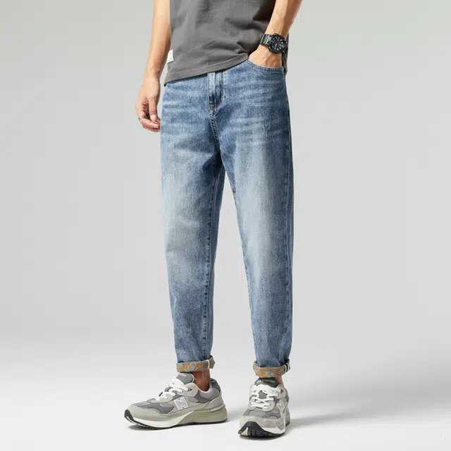 雅鹿 水洗做旧简约穿搭美式宽松直筒裤潮牌休闲长裤牛仔裤 男款 蓝色