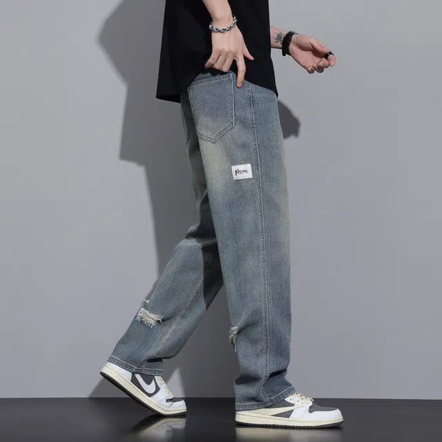 雅鹿 美式复古破洞宽松休闲牛仔裤 男款 怀旧色