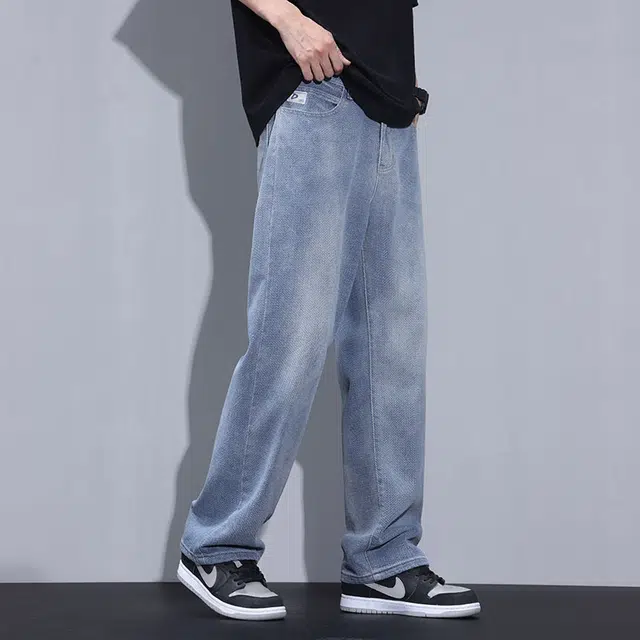 雅鹿 宽松阔腿百搭直筒复古水洗耐磨中腰做旧牛仔裤 男款