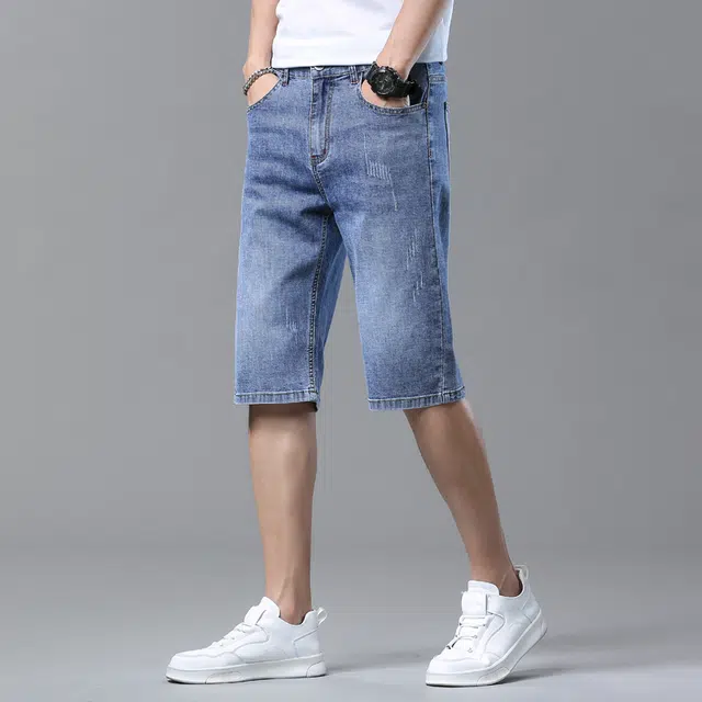 雅鹿 百搭复古水洗薄款耐磨宽松五分牛仔短裤 男款 磨白蓝