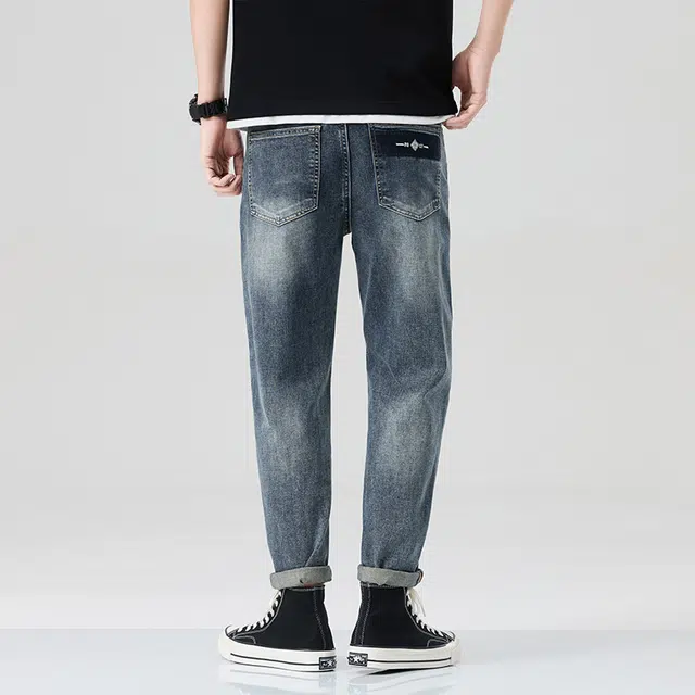 雅鹿 复古水洗做旧美式宽松直筒休闲牛仔裤 男款 深蓝