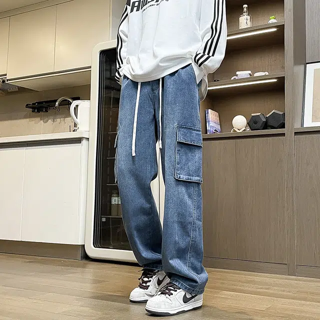 雅鹿 美式复古工装百搭系带宽松牛仔裤 男款