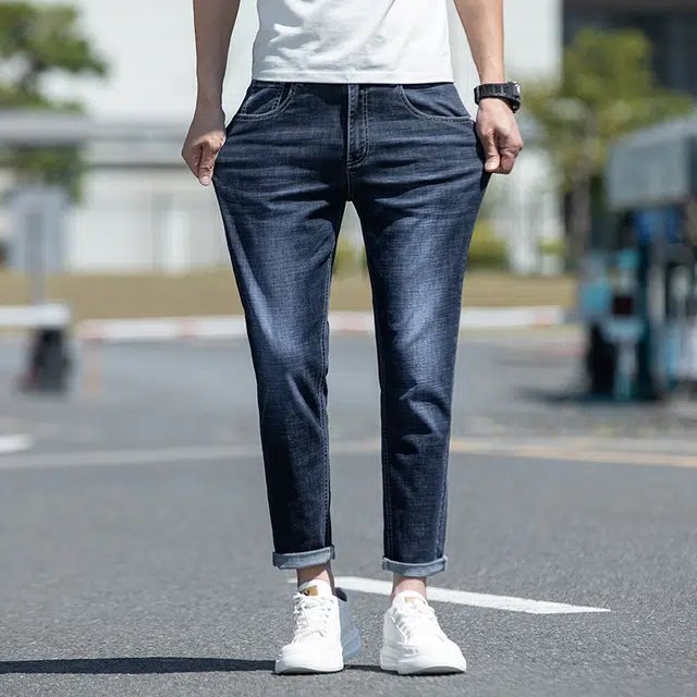 雅鹿 高街美式直筒修身中腰水洗耐磨牛仔裤 男款 深蓝灰