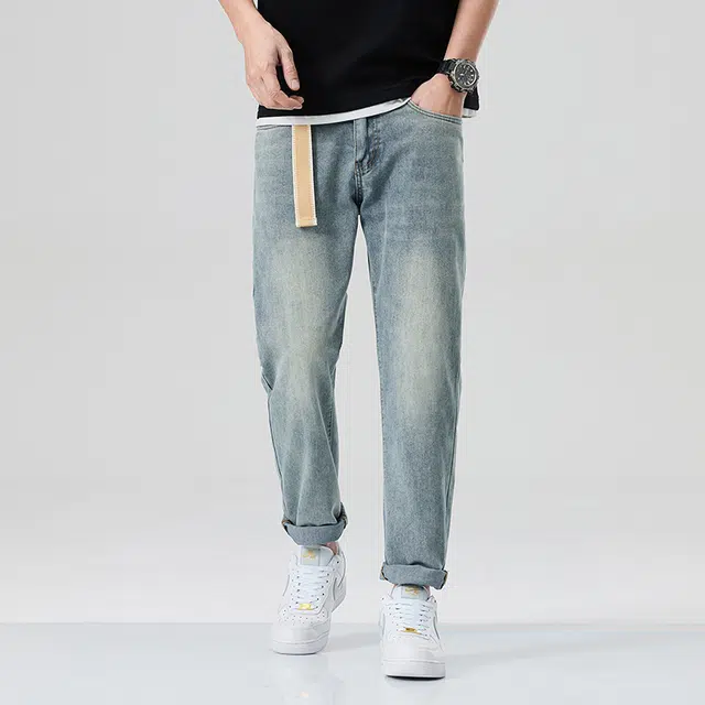 雅鹿 宽松直筒水洗做旧弹力休闲百搭牛仔裤 男款 蓝色
