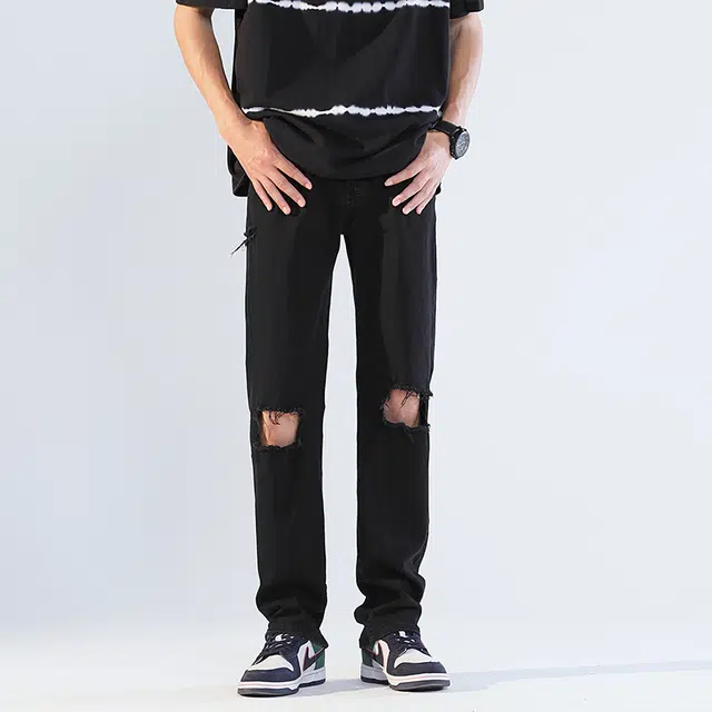 雅鹿 破洞百搭中腰高街水洗直筒修身做旧耐磨牛仔裤 男款 黑色