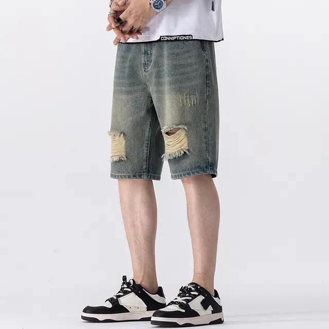 雅鹿 做旧嘻哈街头破洞时尚潮流宽松百搭五分裤牛仔短裤 男款 黄泥蓝