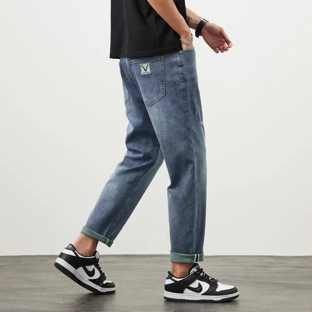 雅鹿 宽松直筒破洞中腰牛仔裤 男款 蓝色