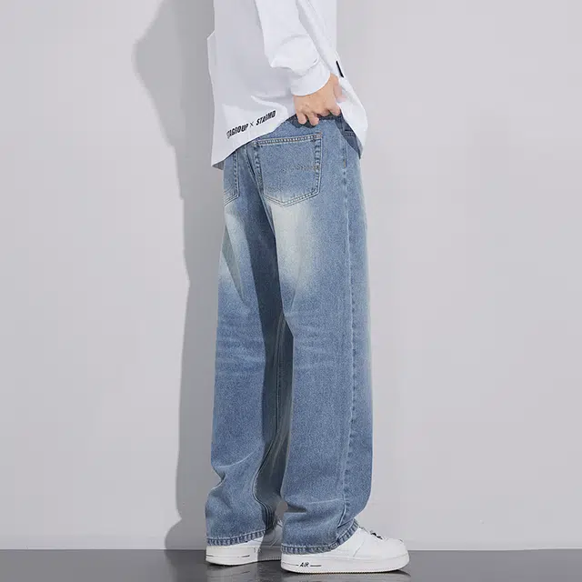 雅鹿 美式高街直筒宽松时尚耐磨水洗牛仔裤 男款 浅蓝色