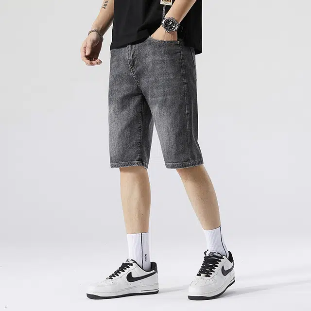 雅鹿 宽松百搭中腰水洗耐磨薄款五分牛仔短裤 男款 灰色