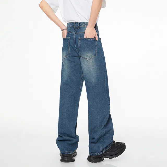 雅鹿 宽松水洗百搭美式高街复古休闲阔腿牛仔裤 男女同款 蓝色
