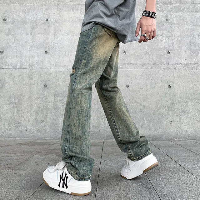 雅鹿 美式复古破洞百搭休闲水洗耐磨宽松直筒垂感牛仔裤 男款 泥黄