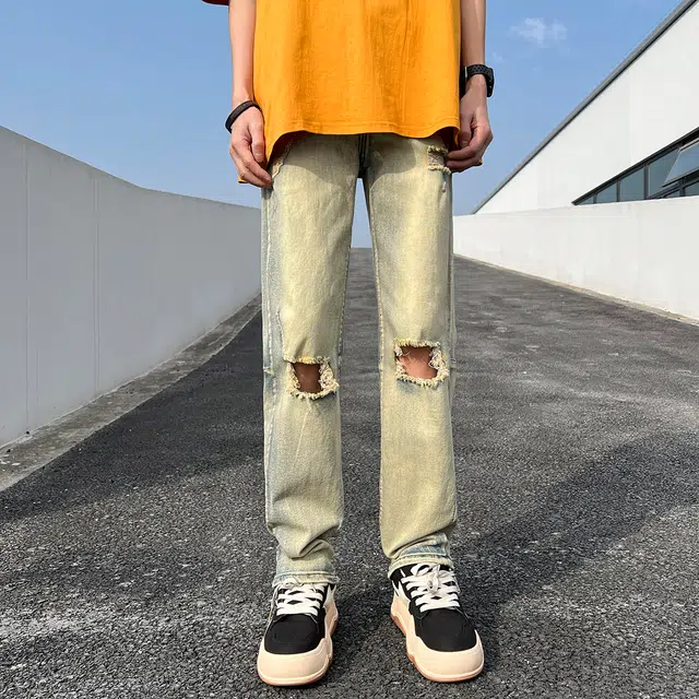 雅鹿 中腰宽松破洞牛仔裤 男女同款 泥黄色