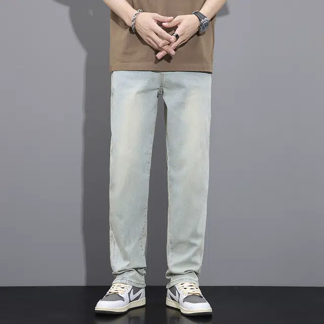 雅鹿 高街复古水洗做旧百搭休闲宽松直筒牛仔裤 男款