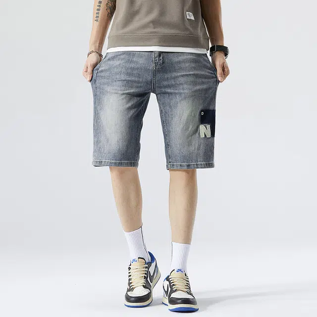 雅鹿 宽松潮牌百搭休闲字母印花水洗耐磨中腰牛仔短裤 男款 蓝色