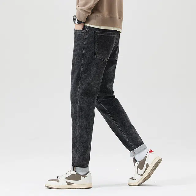 雅鹿 韩版修身直筒裤弹力时尚百搭牛仔裤 男款 黑灰