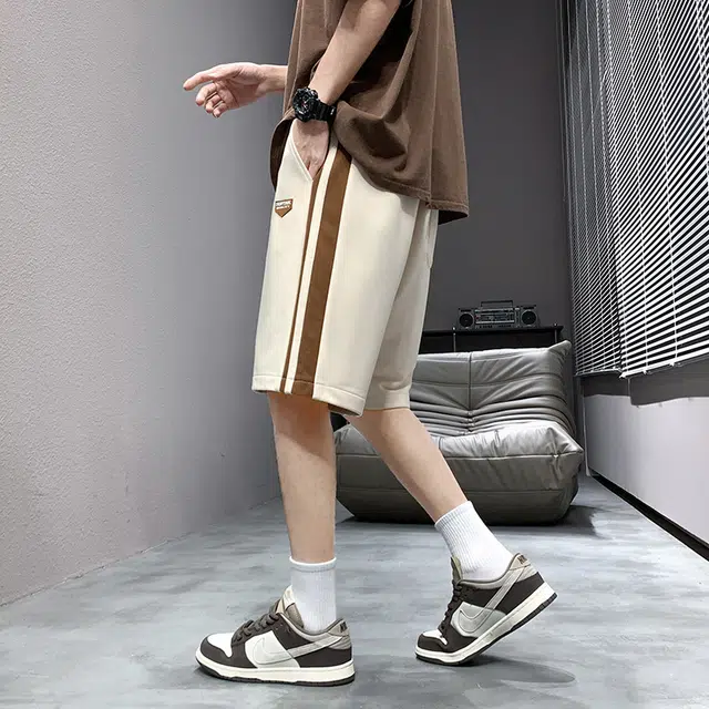 雅鹿 宽松拼色简约百搭运动系带篮球中腰薄款五分休闲短裤 男款