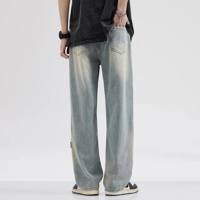 雅鹿 复古水洗做旧直筒休闲百搭宽松抽绳牛仔裤 男款 浅黄泥
