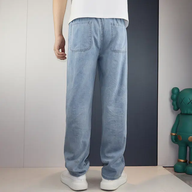 雅鹿 中腰宽松系带牛仔裤 男款 浅蓝