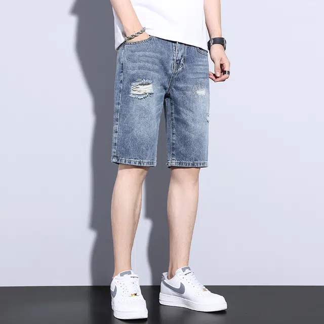 雅鹿 美式潮牌时尚宽松休闲五分裤牛仔短裤 男款 蓝色