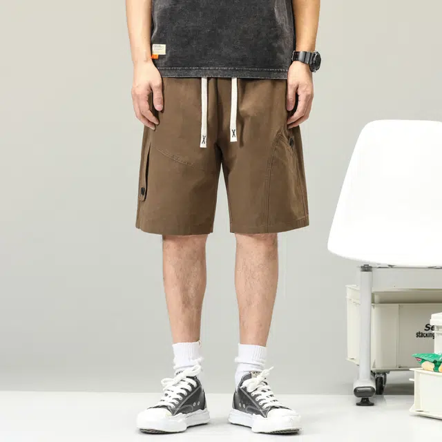 雅鹿 潮牌美式工装五分裤百搭纯棉中腰系带薄款纯色简约休闲短裤 男款