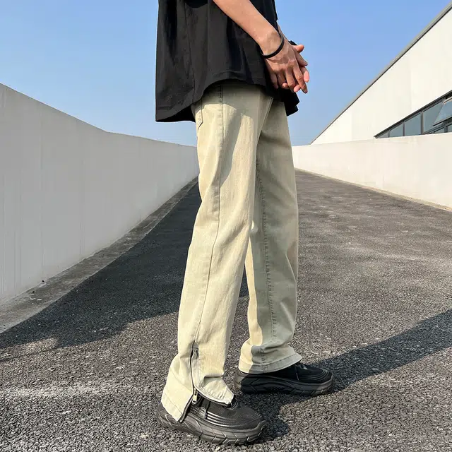 雅鹿 美式开叉直筒复古做旧耐磨水洗牛仔裤 男女同款 泥黄