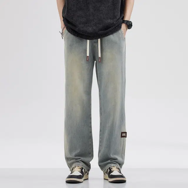 雅鹿 复古水洗做旧直筒休闲百搭宽松抽绳牛仔裤 男款 浅黄泥