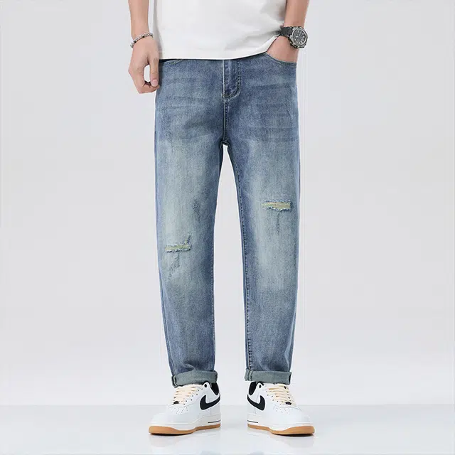 雅鹿 复古宽松直筒哈伦破洞牛仔裤 男款 蓝色