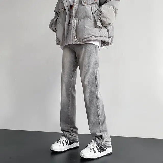 雅鹿 美式高街复古百搭直筒宽松水洗耐磨中腰牛仔裤 男款 浅烟灰