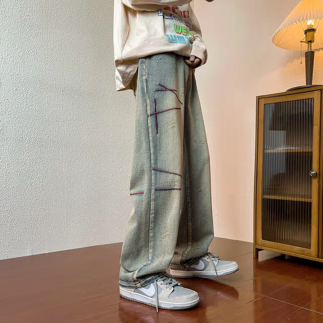 雅鹿 垂感百搭直筒宽松显瘦休闲拖地牛仔裤 男女同款