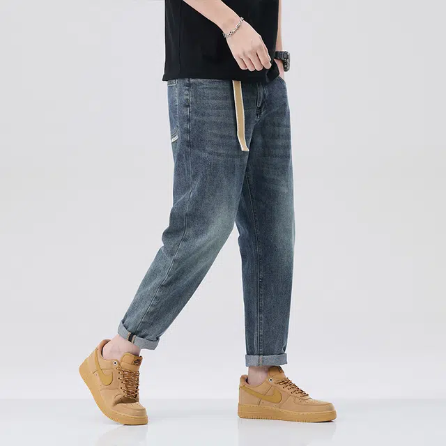 雅鹿 美式复古休闲宽松直筒牛仔裤 男款 蓝色