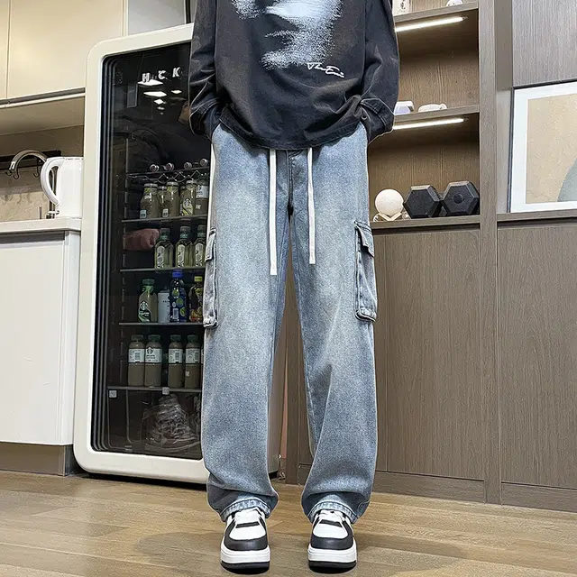 雅鹿 美式复古工装百搭系带宽松牛仔裤 男款