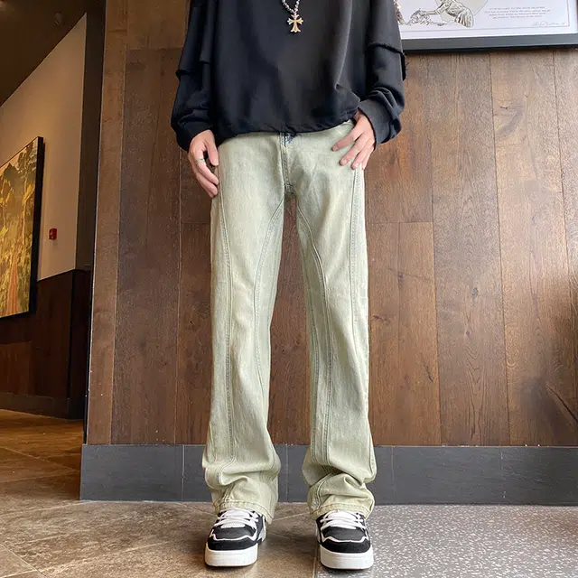 雅鹿 美式高街微喇宽松阔腿垂感拖地水洗耐磨百搭休闲牛仔裤 男款 泥黄