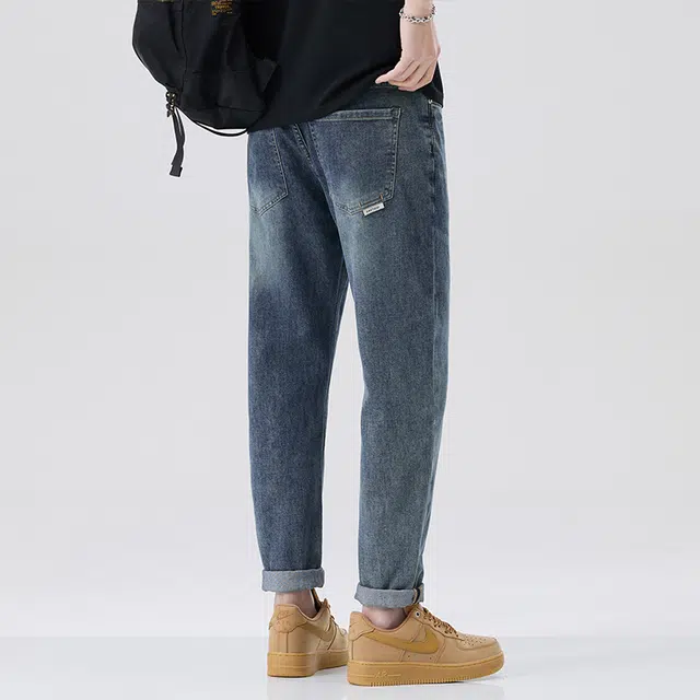 雅鹿 美式复古休闲宽松直筒牛仔裤 男款 蓝色