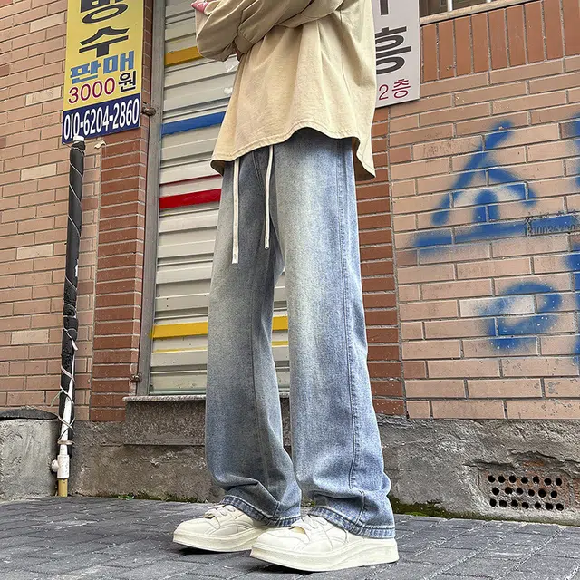 雅鹿 宽松阔腿水洗耐磨美式复古微喇牛仔裤 男款