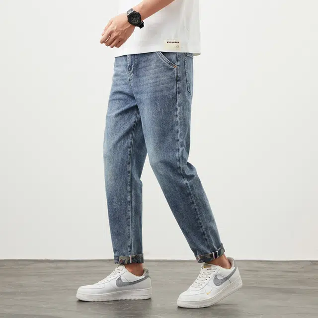 雅鹿 美式复古宽松水洗直筒牛仔裤 男款 蓝色