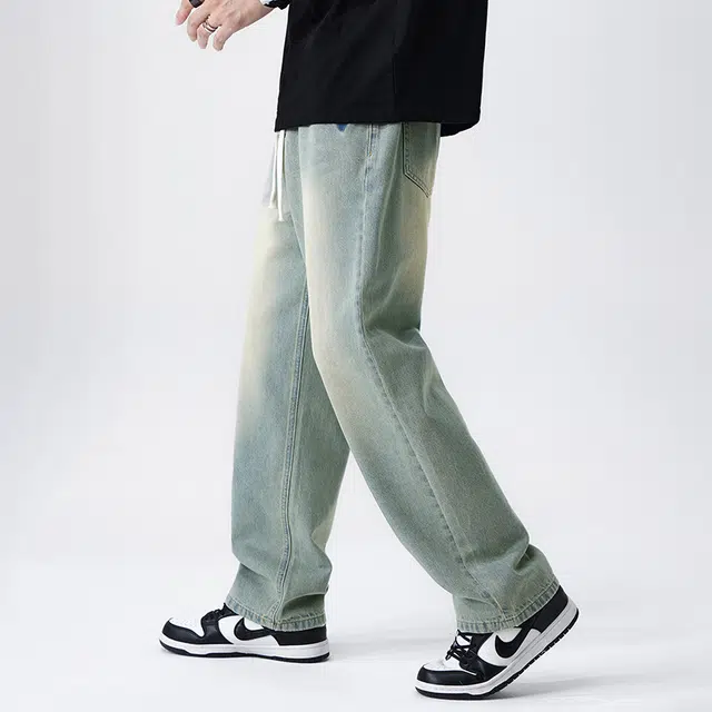 雅鹿 直筒中腰宽松水洗牛仔裤 男款