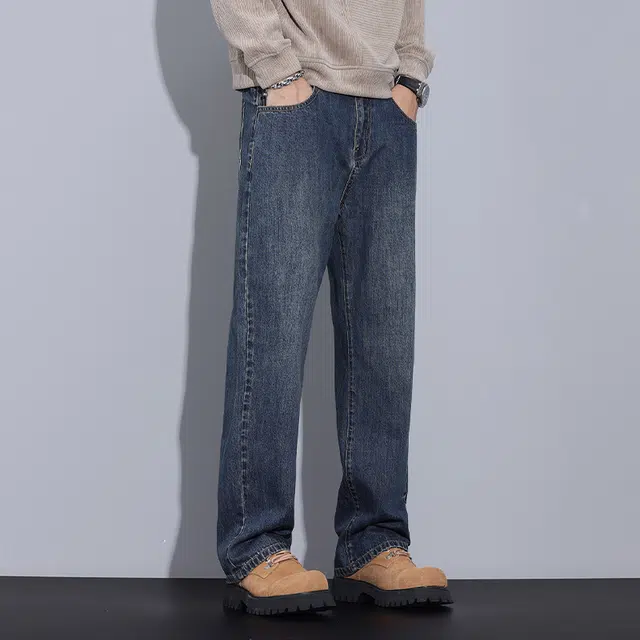 雅鹿 复古阔腿百搭宽松水洗休闲中腰耐磨牛仔裤 男款 深海蓝