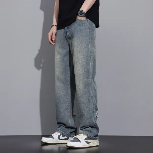 雅鹿 美式复古破洞宽松休闲牛仔裤 男款 怀旧色