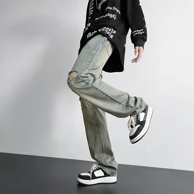 雅鹿 高街美式复古潮牌破洞直筒宽松水洗耐磨中腰牛仔裤 男款 黄泥