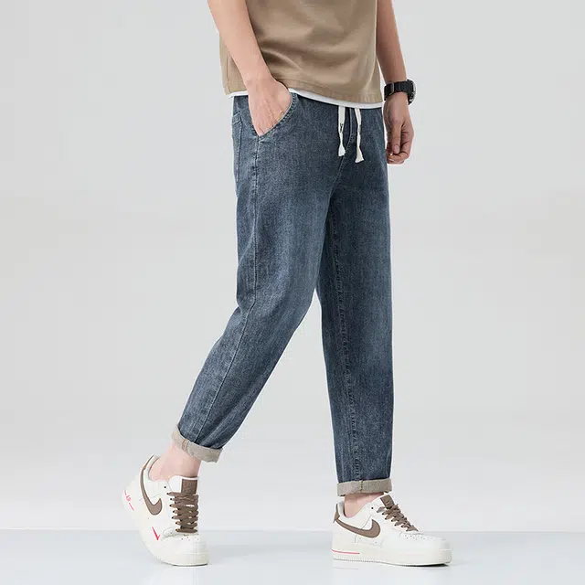 雅鹿 抽绳美式复古直筒休闲百搭水洗耐磨牛仔裤 男款