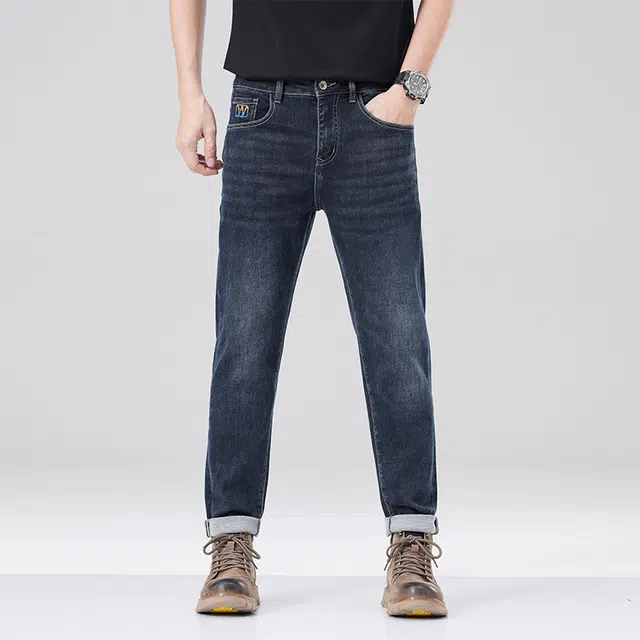 雅鹿 复古休闲直筒修身水洗做旧牛仔裤 男款 蓝灰