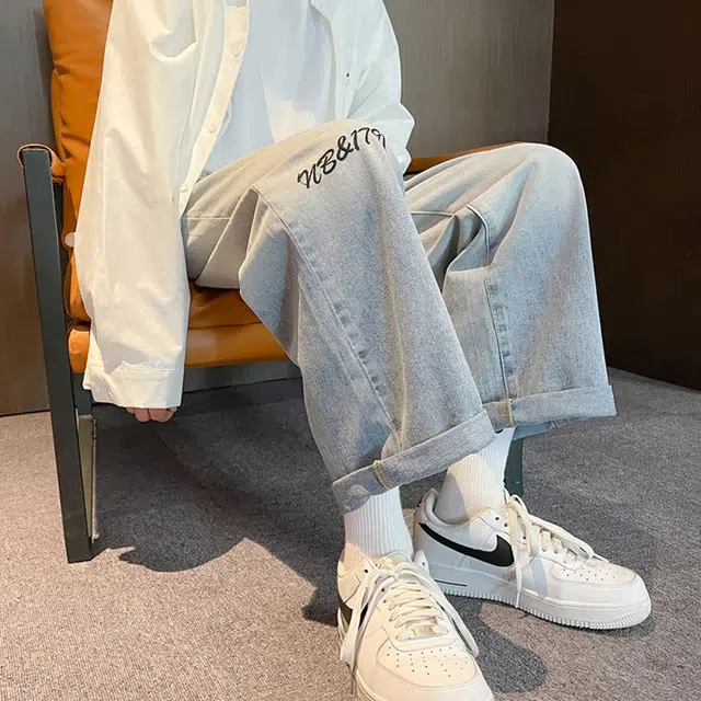 雅鹿 美式高街渐变宽松直筒阔腿休闲牛仔裤 男女同款