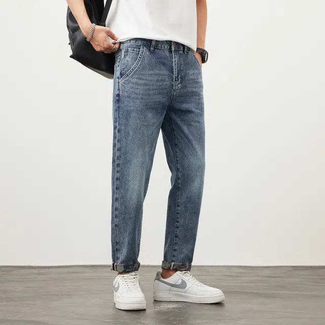 雅鹿 美式复古宽松水洗直筒牛仔裤 男款 蓝色