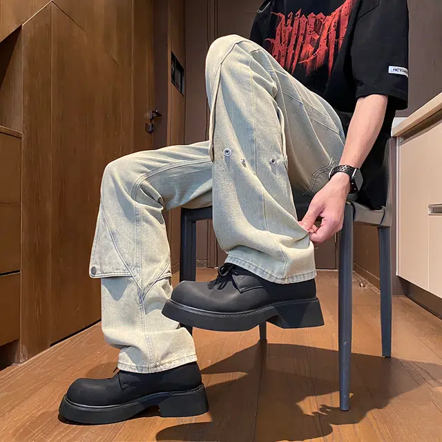 雅鹿 阔腿垂感宽松直筒百搭潮牌美式水洗复古耐磨休闲牛仔裤 男款