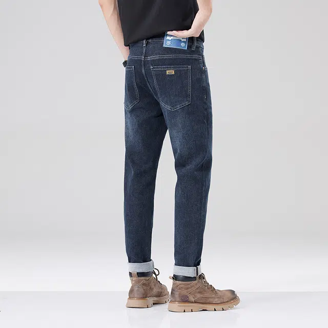 雅鹿 美式休闲复古薄款水洗耐磨做旧锥形宽松直筒牛仔裤 男款 蓝灰