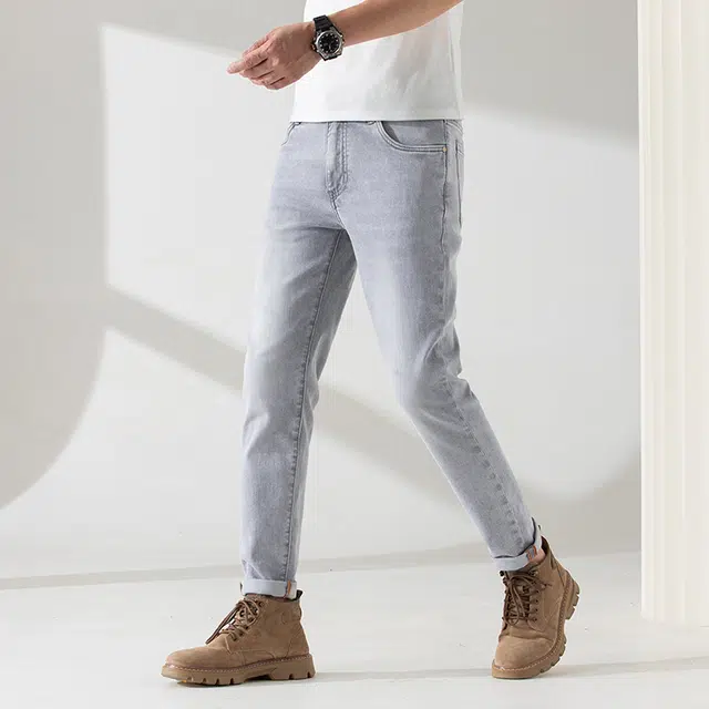 雅鹿 水洗耐磨百搭中腰拉链直筒修身休闲牛仔裤 男款 灰白