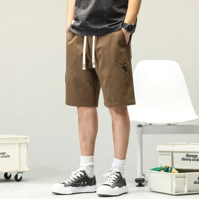 雅鹿 潮牌美式工装五分裤百搭纯棉中腰系带薄款纯色简约休闲短裤 男款