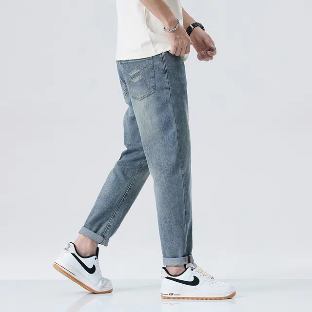 雅鹿 美式复古潮牌宽松水洗直筒牛仔裤 男款 深蓝