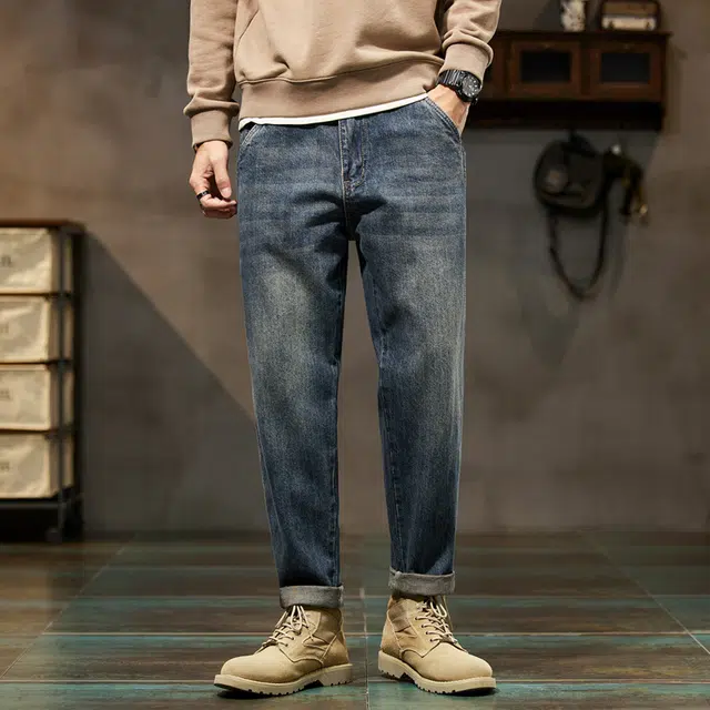 雅鹿 休闲百搭哈伦修身小直筒复古高街水洗耐磨牛仔裤 男款 怀旧蓝