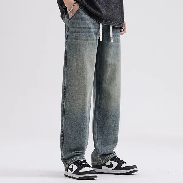 雅鹿 宽松直筒水洗耐磨中腰牛仔裤 男款 复古蓝